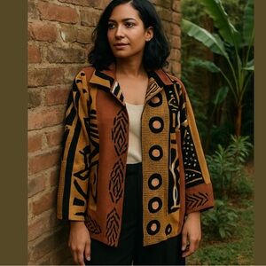 VTG AZIZ LINEN POP ART TRIBAL RELAXED FIT 3/4 SLEEVES JACKET BOHO LAGENLOOK SZ M